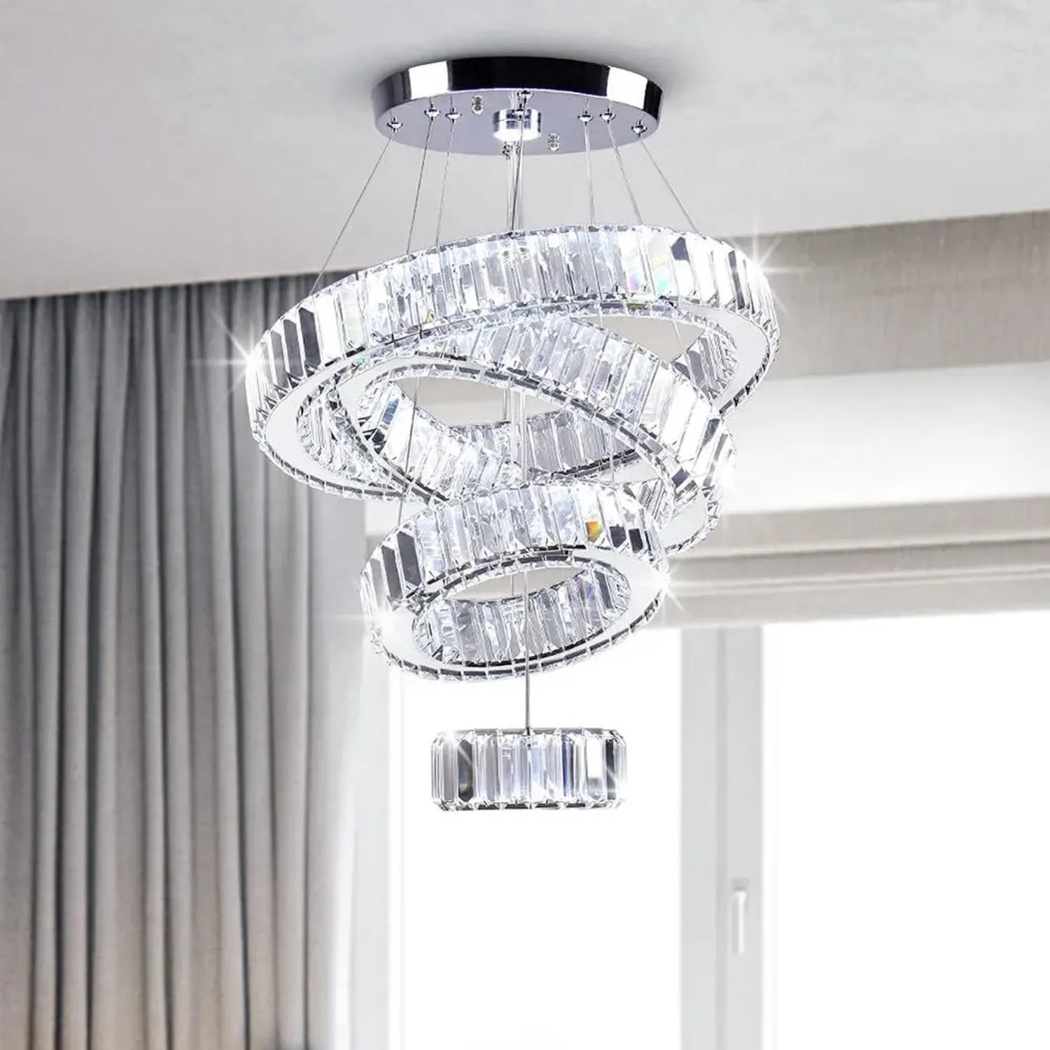Lampadario LED in Cristallo Regolabile con 4 Anelli in Acciaio Inox per Camera da Letto e Soggiorno