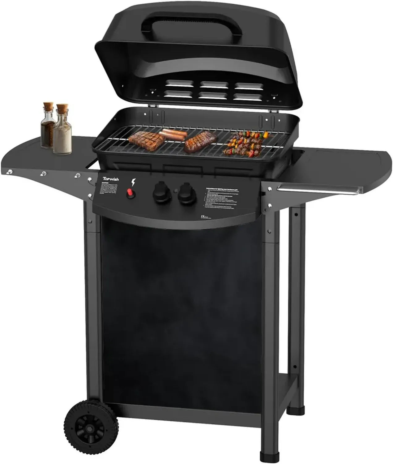 Griglia a Gas Topwish 2 Fuochi con Ripiano Ribaltabile, 6000W, per Picnic e Giardino, su Ruote