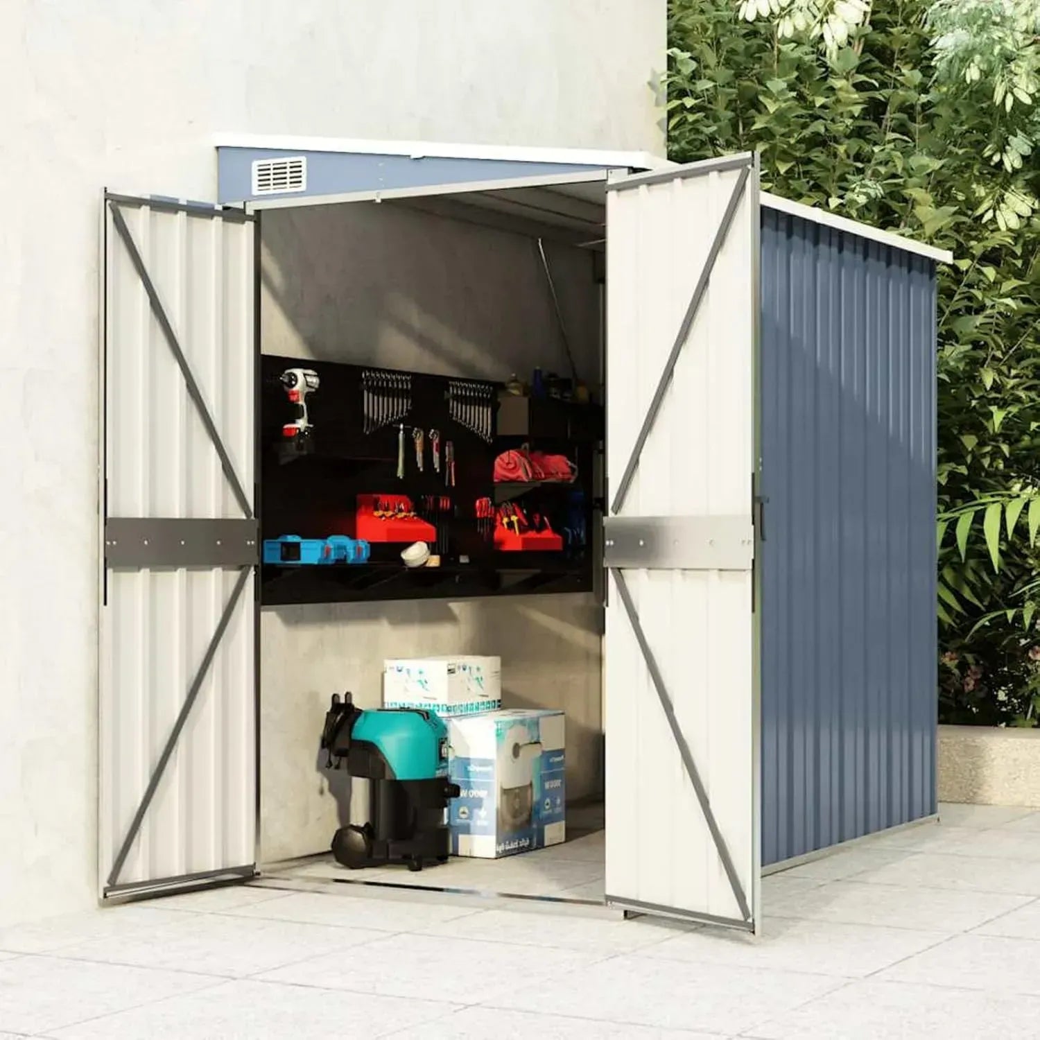 Capanno da Giardino in Acciaio Zincato Grigio 118x194x178 cm con Porta Attrezzi